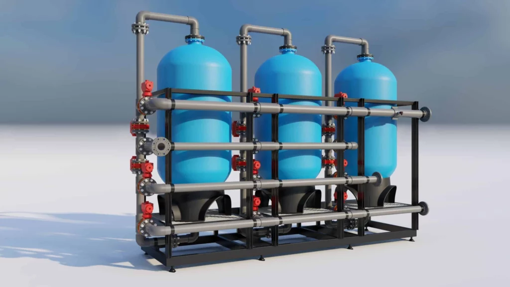 A 3D Illustration Of A Multi-Vessel Water Filtration System Used In Water Purification Processes.