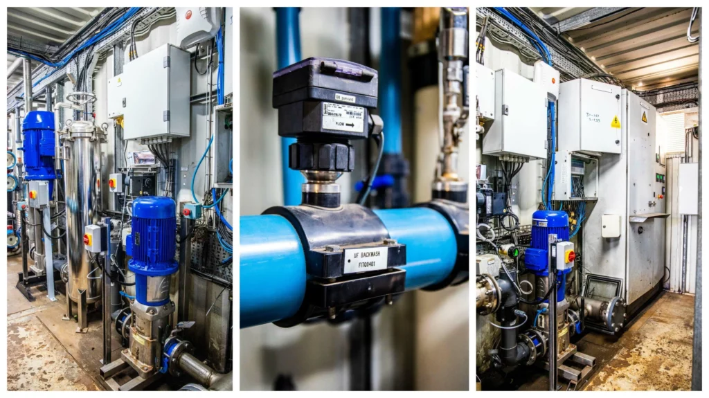 Close-Up Of Industrial Water Treatment Equipment With Flow Meters, Highlighting Efficient Systems Available For Rental From Nuwater.