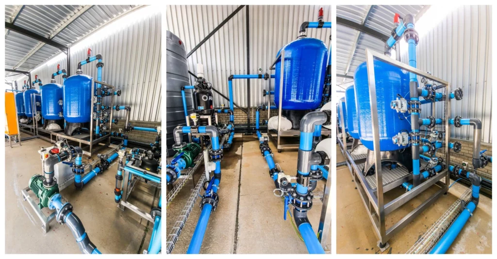 A Composite Image Showing Three Different Perspectives Of A Water Treatment System With Blue Tanks, Stainless Steel Framework, And Extensive Blue And Silver Piping.