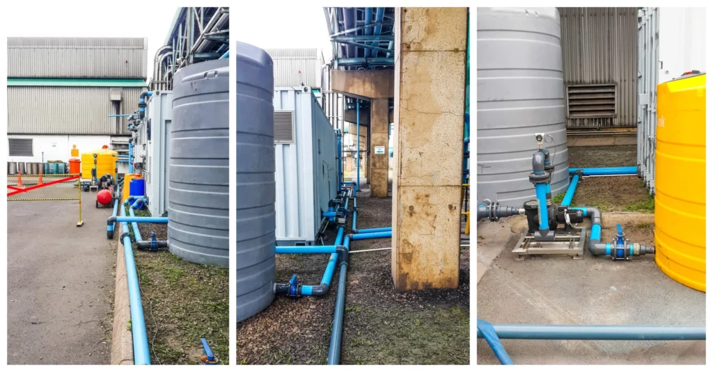 A Composite Image Showing Three Different Views Of Water Storage Tanks, Pumps, And Blue Piping Outdoors At An Industrial Facility.