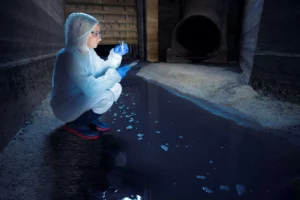 Ecologist Crouching In A Tunnel To Take A Sample Of Water To Test The Sewage Treatment Systems.